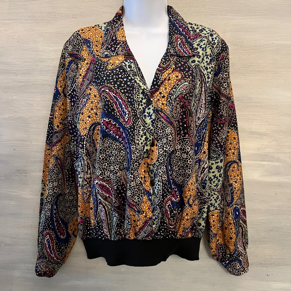 Vintage 80's Judy Bond‎ Paisley Print Collared Button Down Blouse Size 16 GC